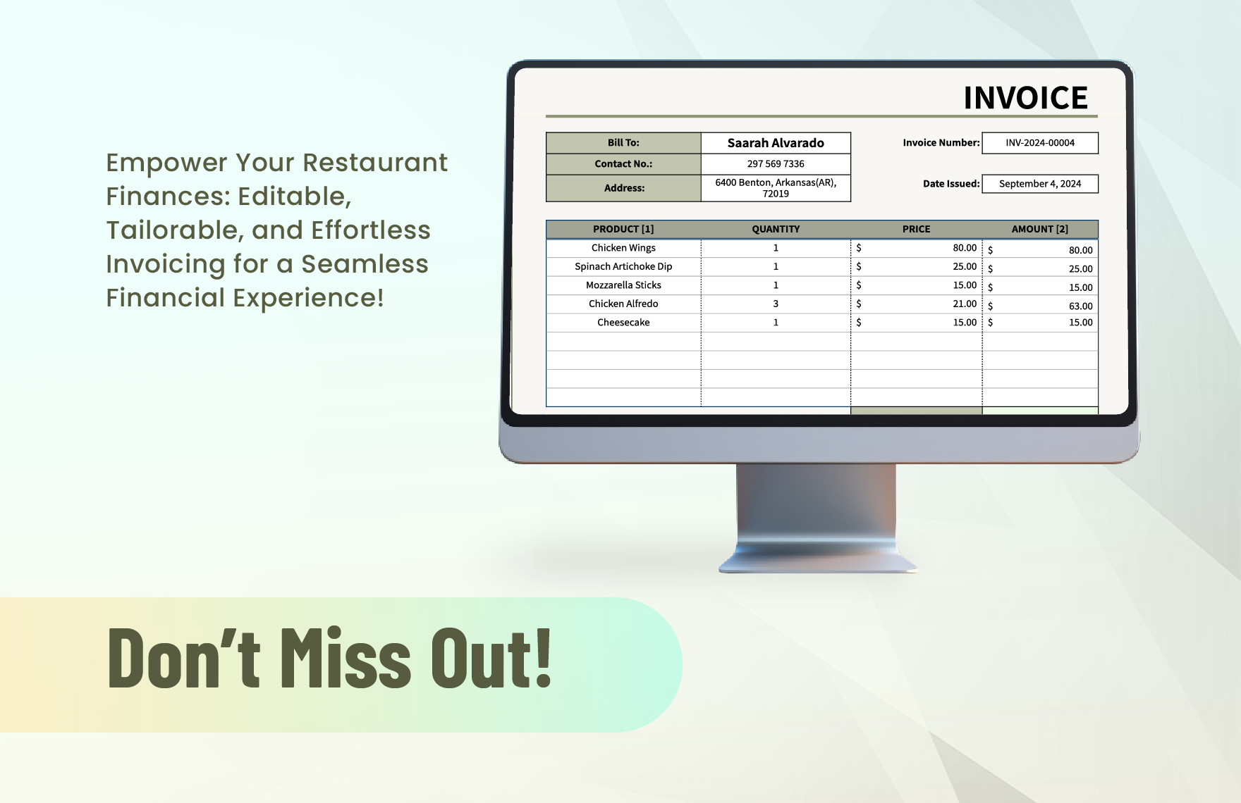 Editable Restaurant Invoice Template
