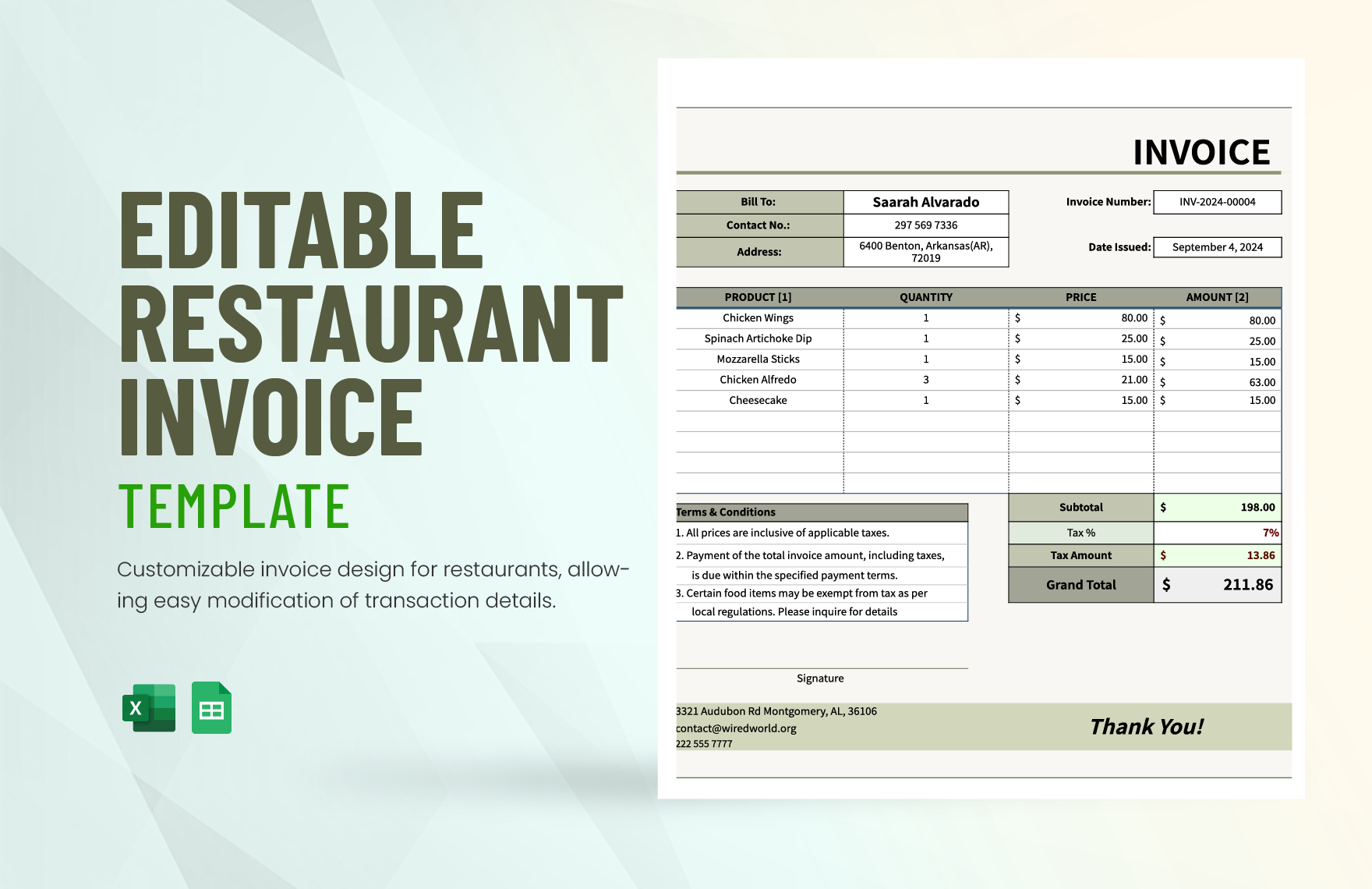 Editable Restaurant Invoice Template in Excel, Google Sheets