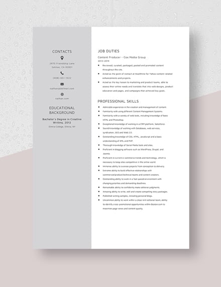 Content Producer Resume Template  Word, Apple Pages  Template.net