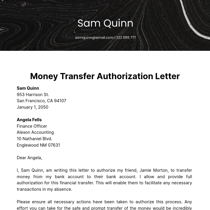 Free Money Transfer Authorization Letter Template
