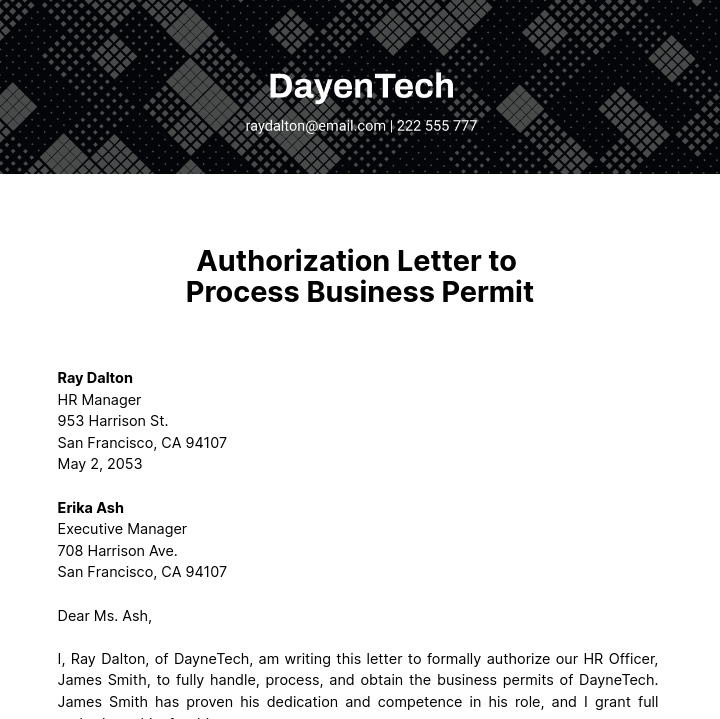 Free Authorization Letter to Process Business Permit Template