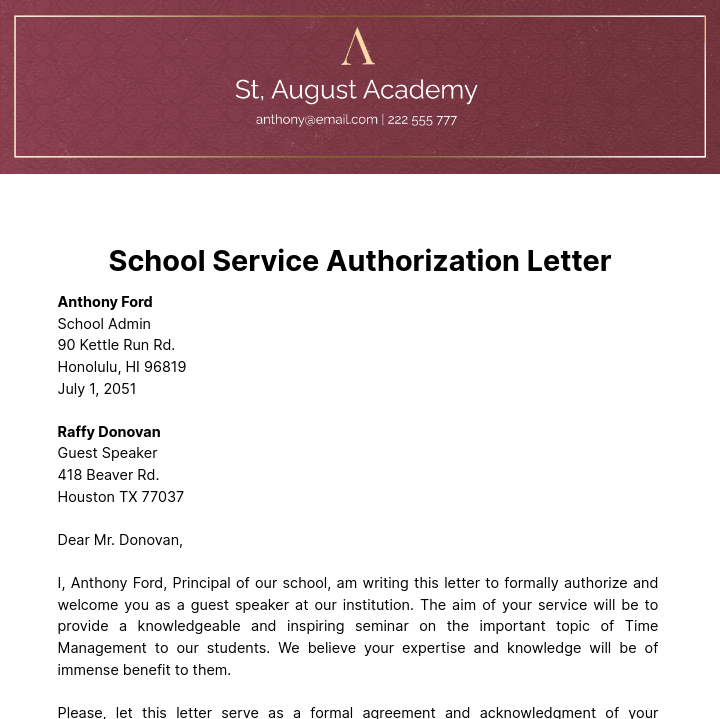Free School Service Authorization Letter Template