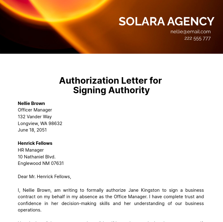 Free Authorization Letter for Signing Authority Template