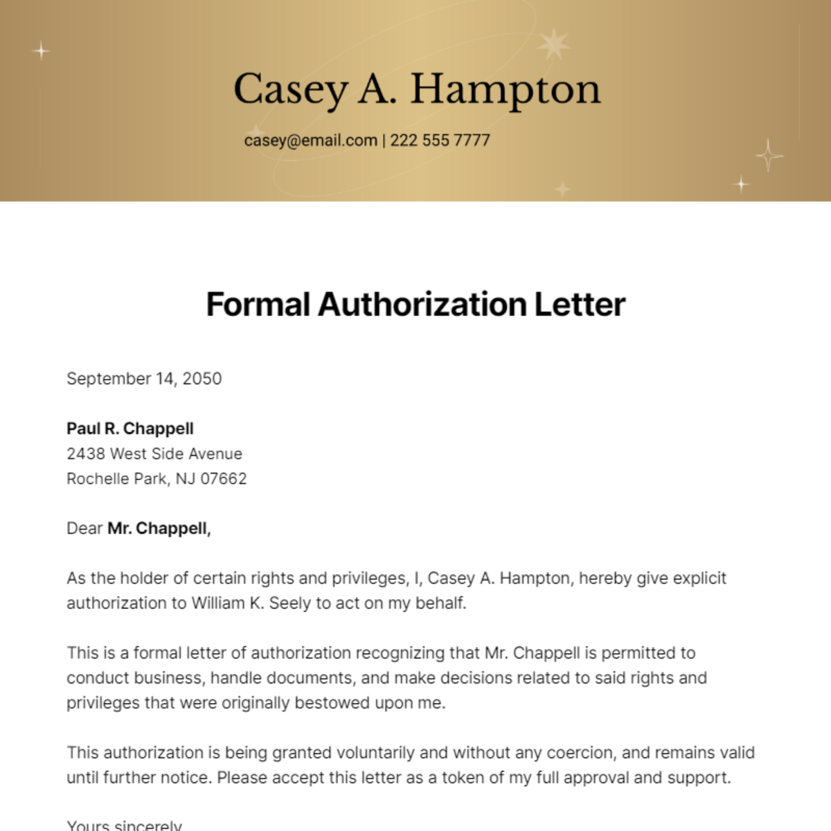 Formal Authorization Letter Template