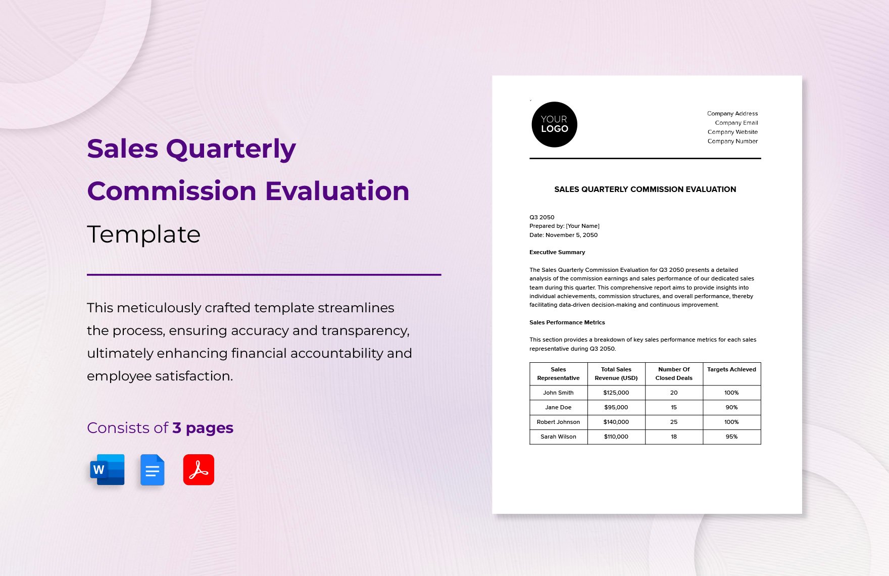Sales Quarterly Commission Evaluation Template in Word, Google Docs, PDF