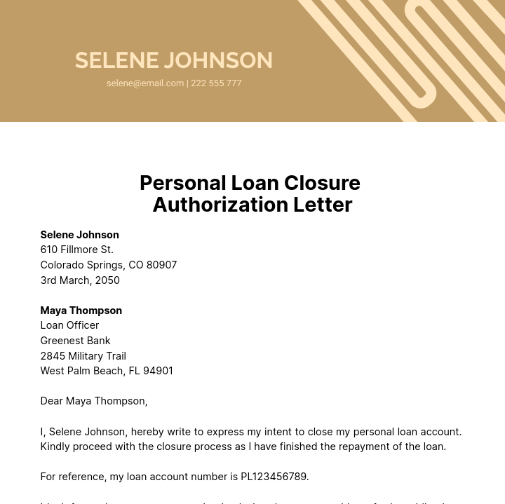 Personal Loan Closure Authorization Letter Template