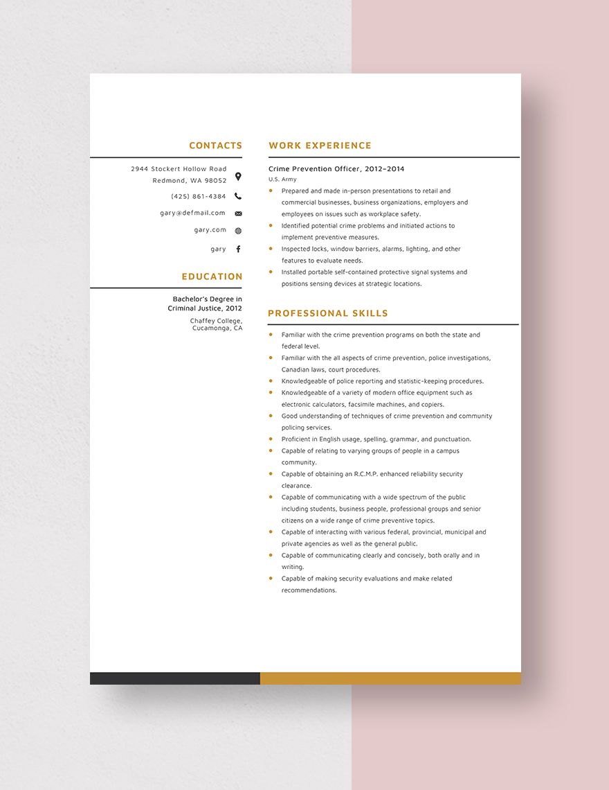 Crime Prevention Officer Resume in Word, Pages Download