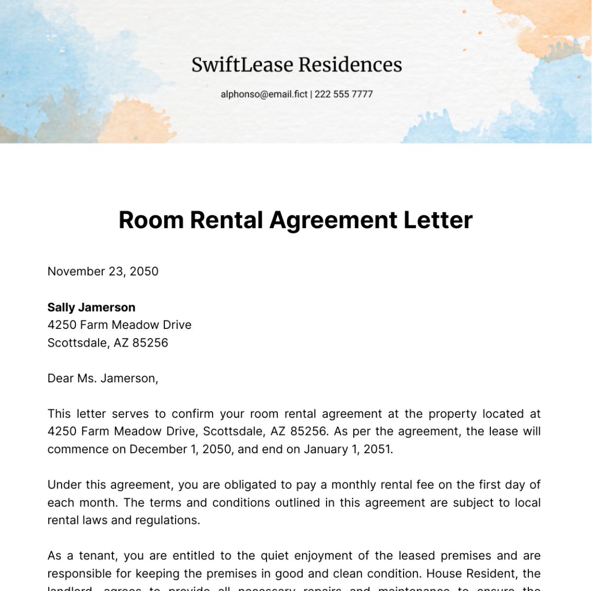 Room Rental Agreement Letter  Template
