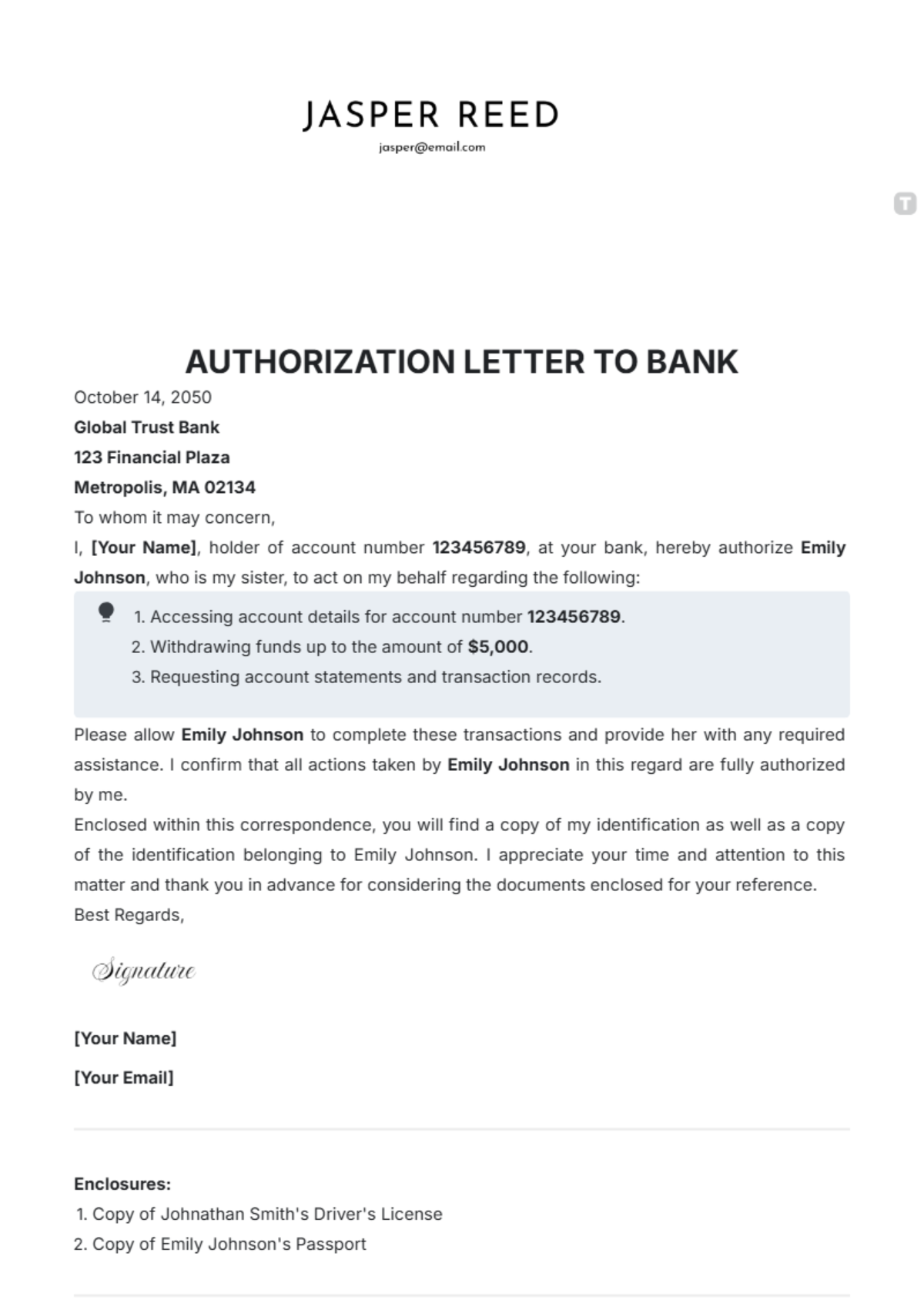 Authorization Letter to Bank Template