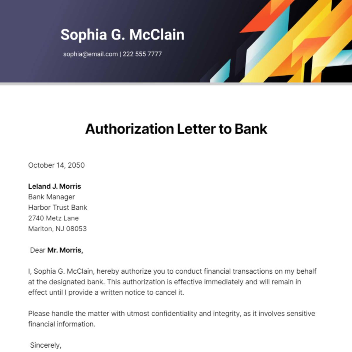 Free Authorization Letter to Bank Template