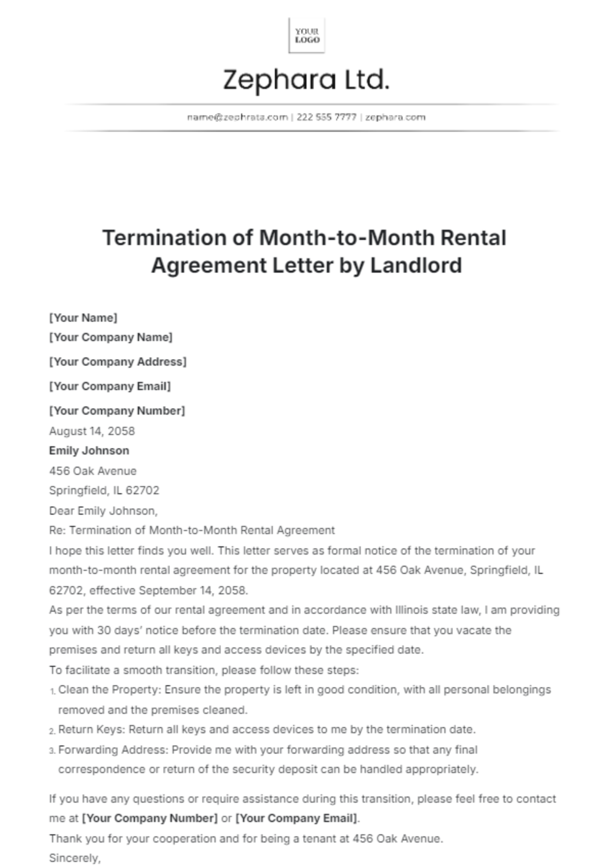 Termination of Month-to-Month Rental Agreement Letter by Landlord Template