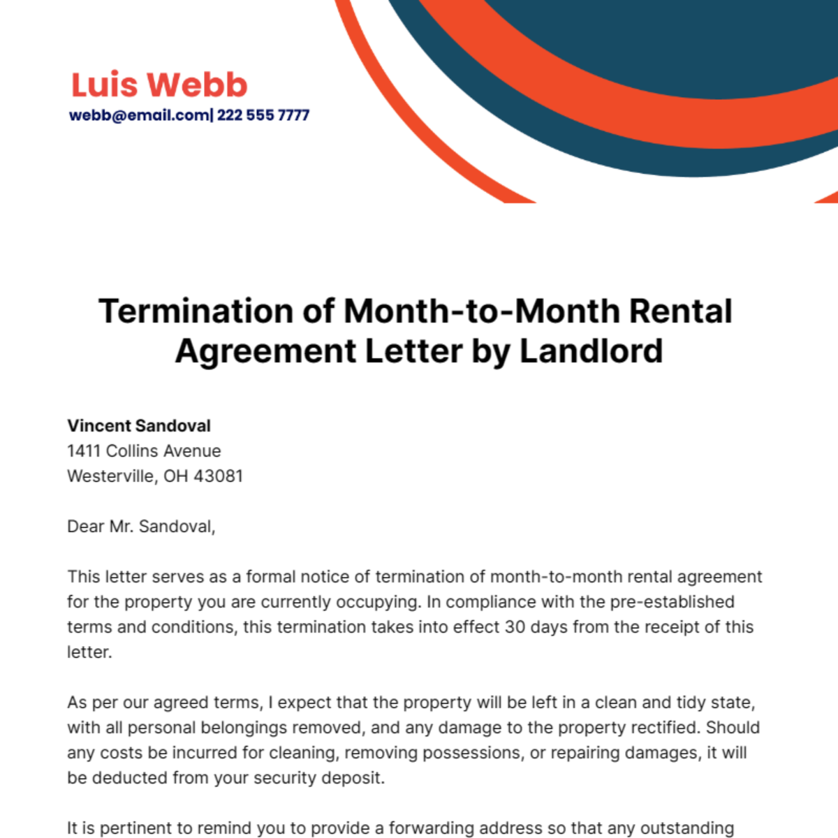 Termination of Month-to-Month Rental Agreement Letter by Landlord  Template