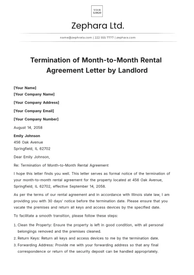 Free Termination of Month-to-Month Rental Agreement Letter by Landlord  Template to Edit Online