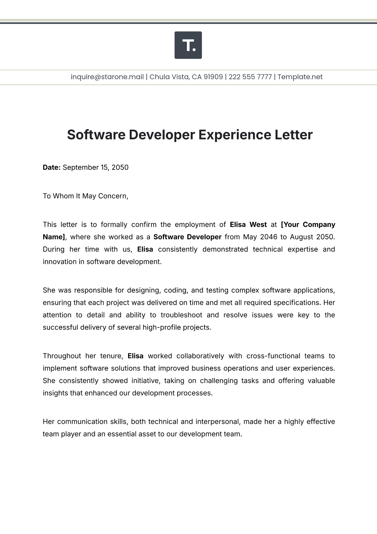 Software Developer Experience Letter Template - Edit Online & Download