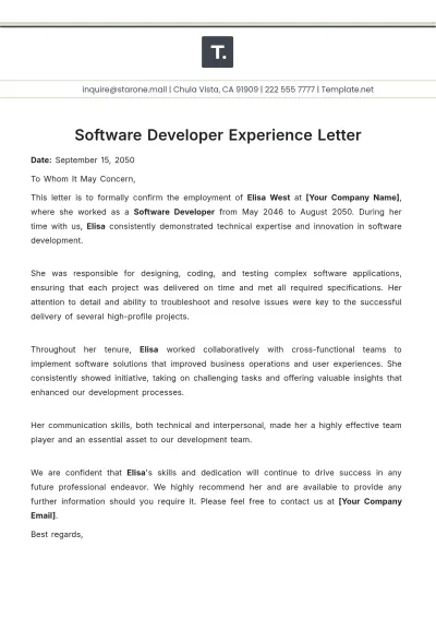 Free Software Developer Experience Letter Template to Edit Online