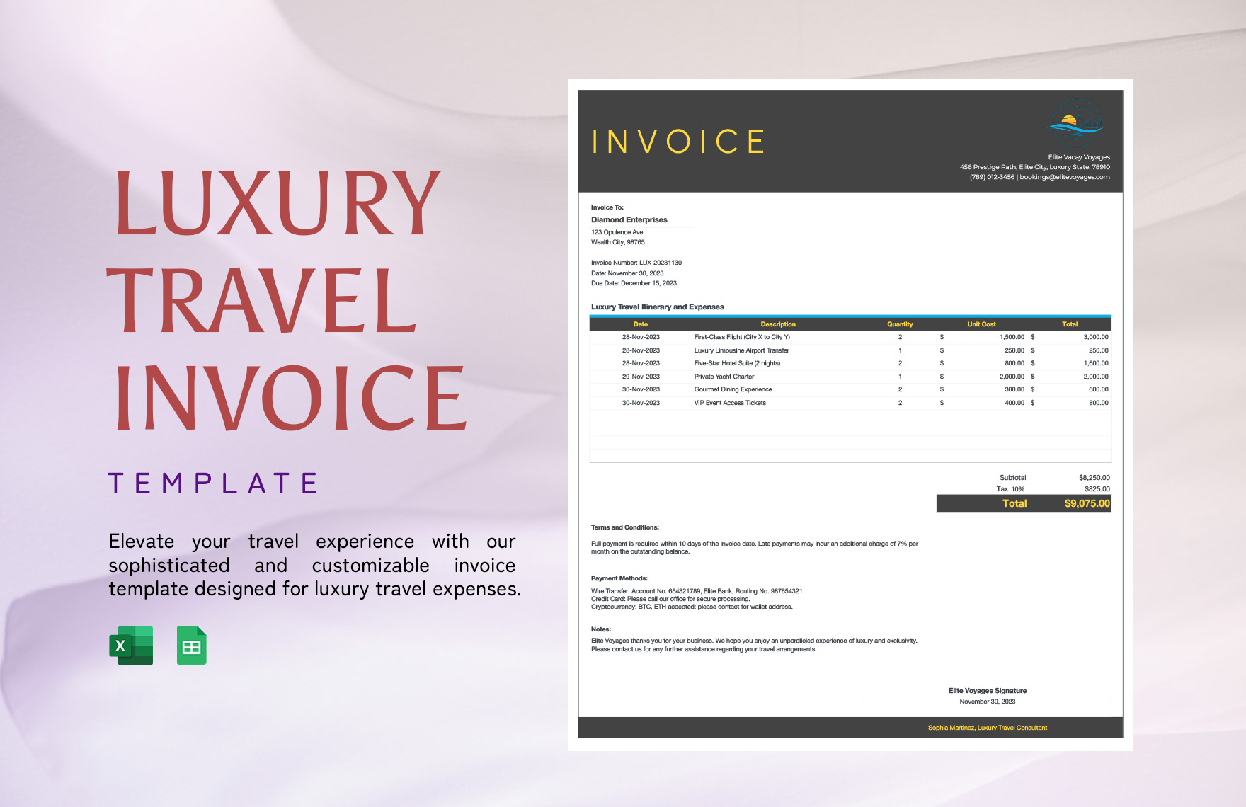 Luxury Travel Invoice Template in Excel, Google Sheets - Download | Template.net