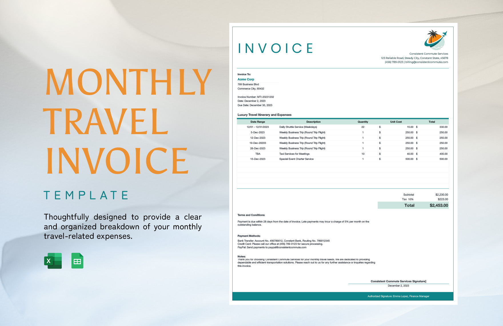 Monthly Travel Invoice Template in Excel, Google Sheets - Download | Template.net