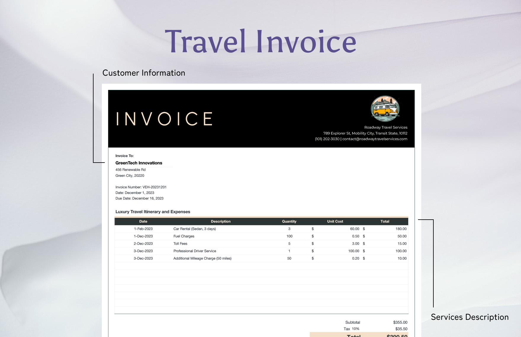 Vehicle Travel Invoice Template