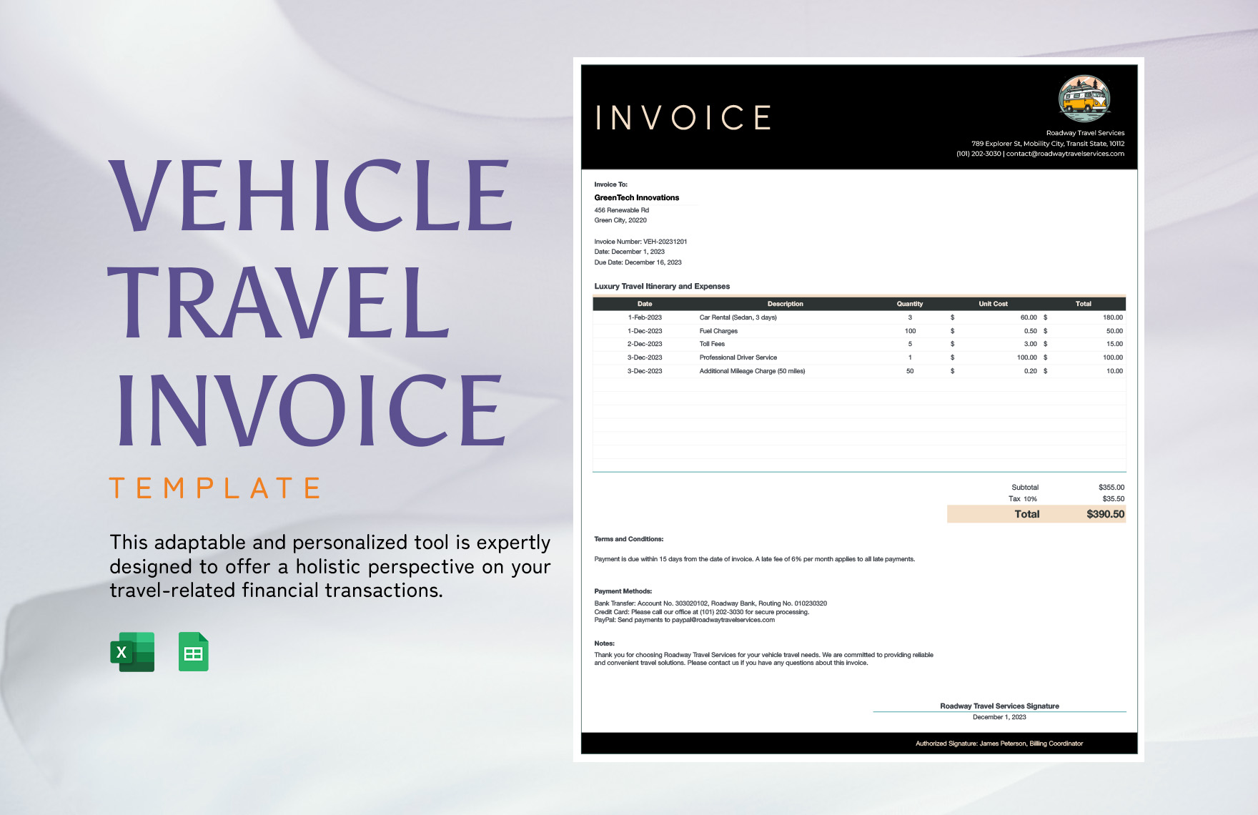 Vehicle Travel Invoice Template in Excel, Google Sheets