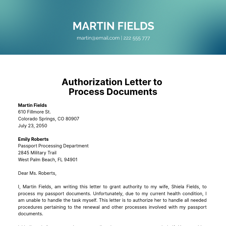 Free Authorization Letter to Process Documents Template