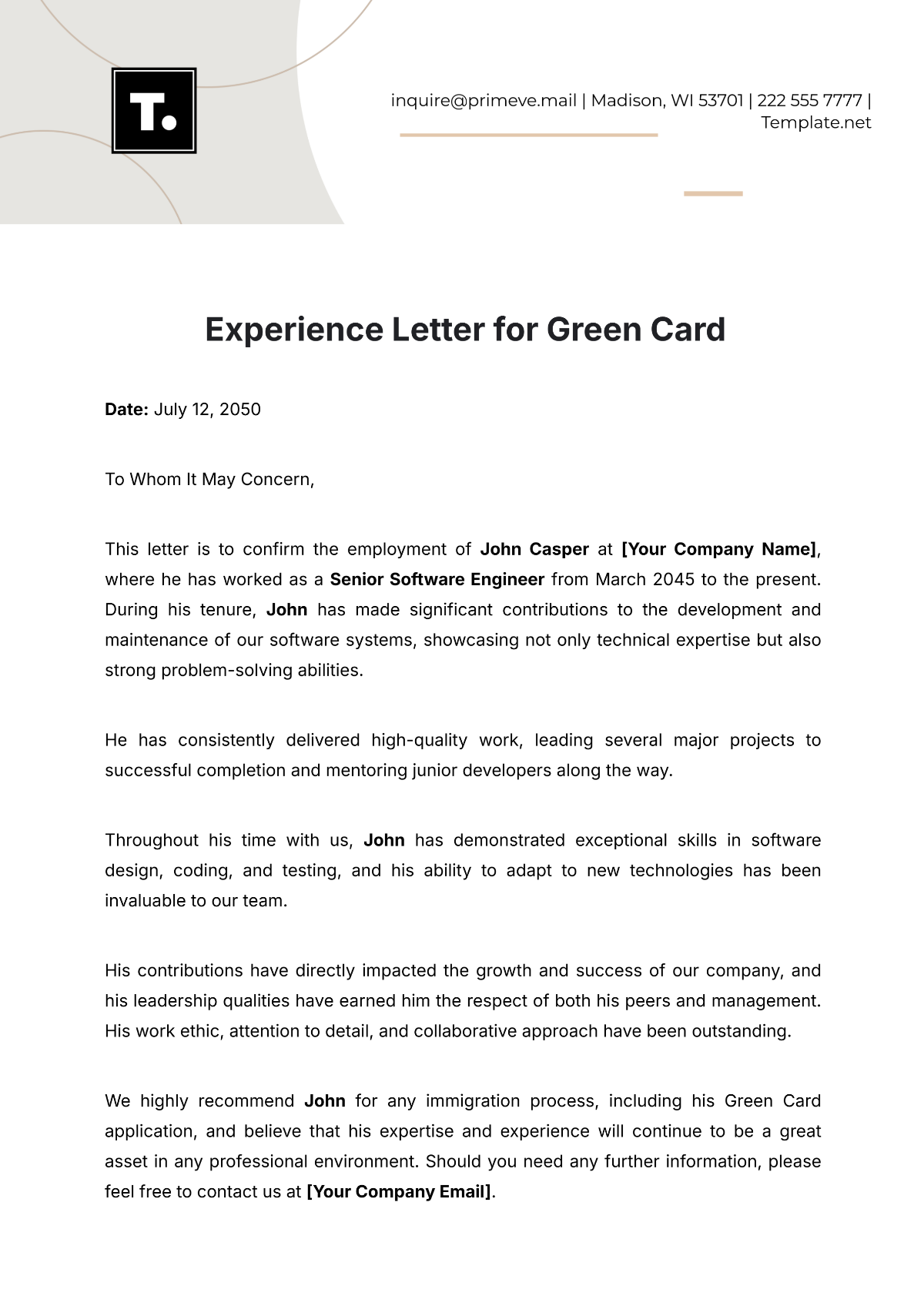 Experience Letter for Green Card Template - Edit Online & Download