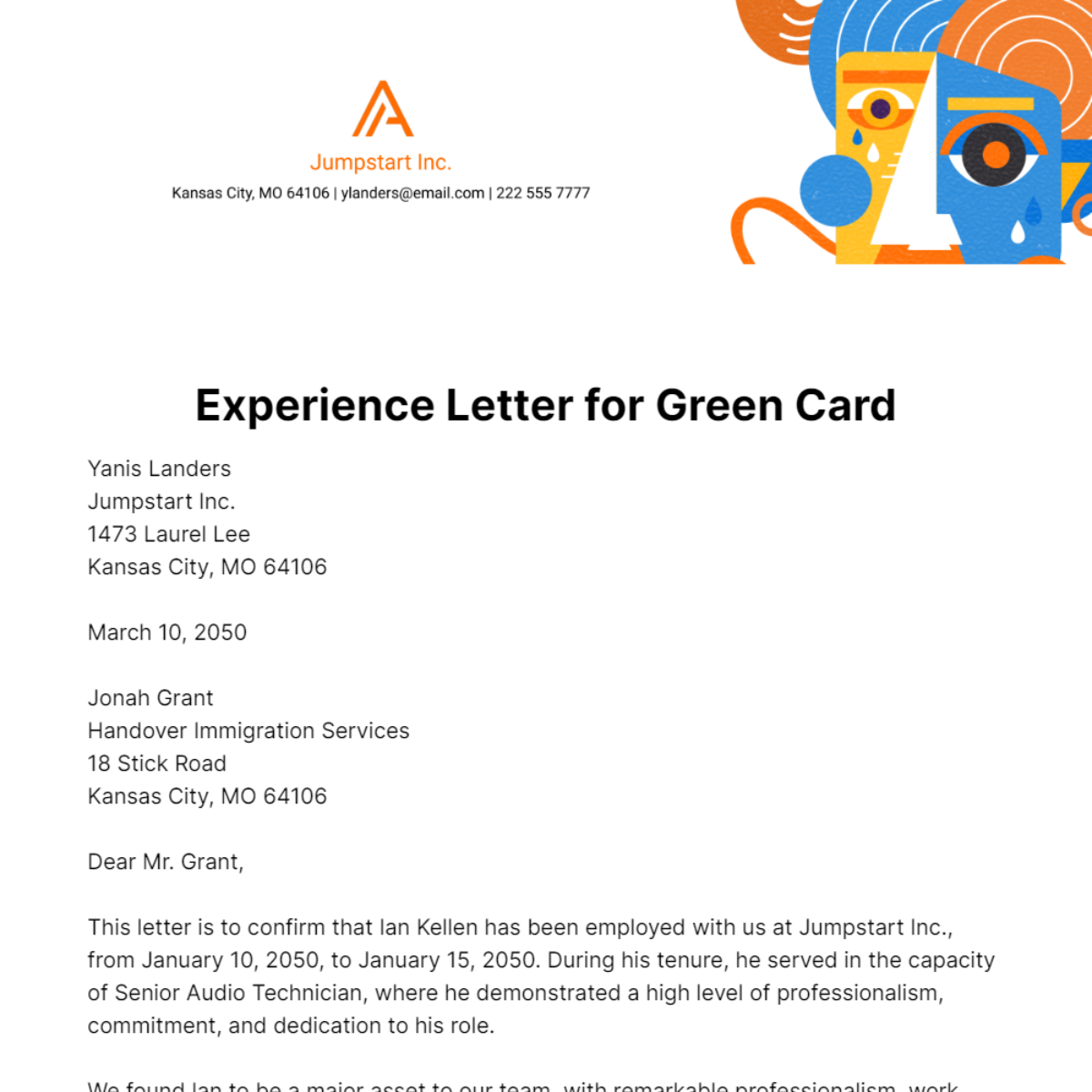 Free Experience Letter for Green Card   Template