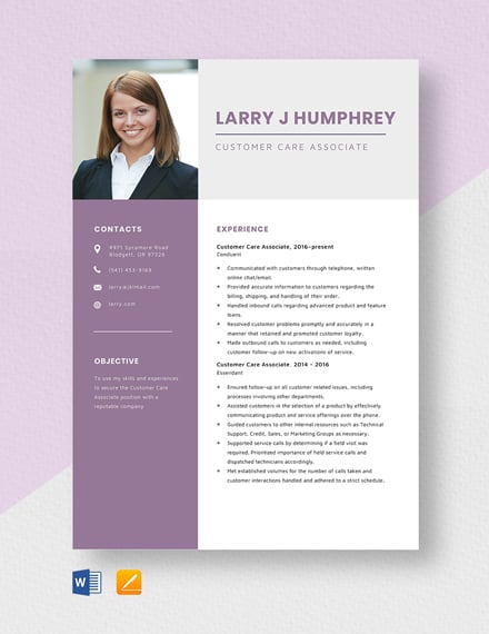 Customer Experience Associate Resume - Download in Word, Apple Pages ...