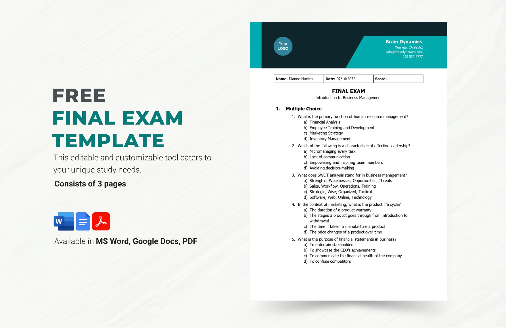 Free Final Exam Template in Word, Google Docs, PDF