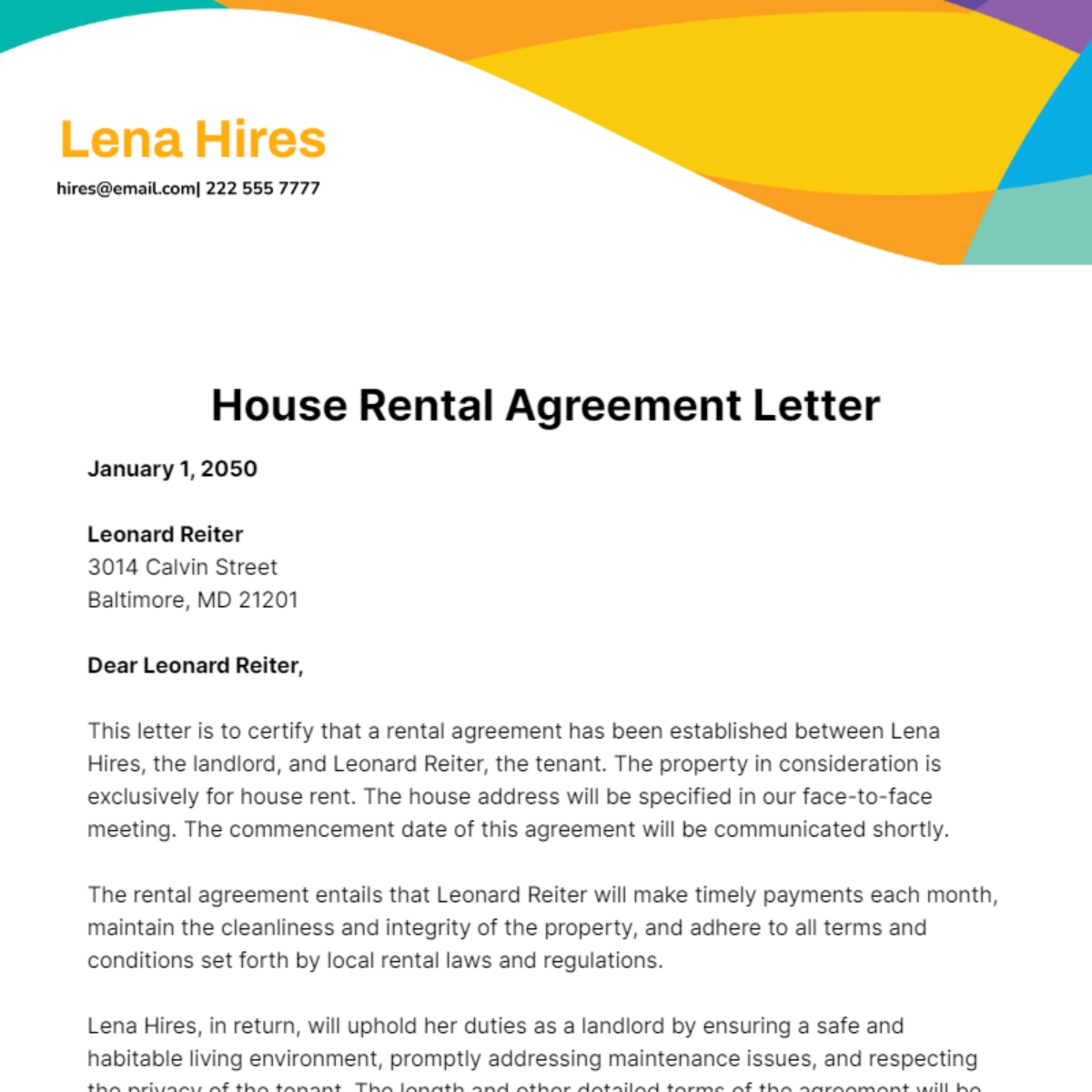 Free House Rental Agreement Letter Template