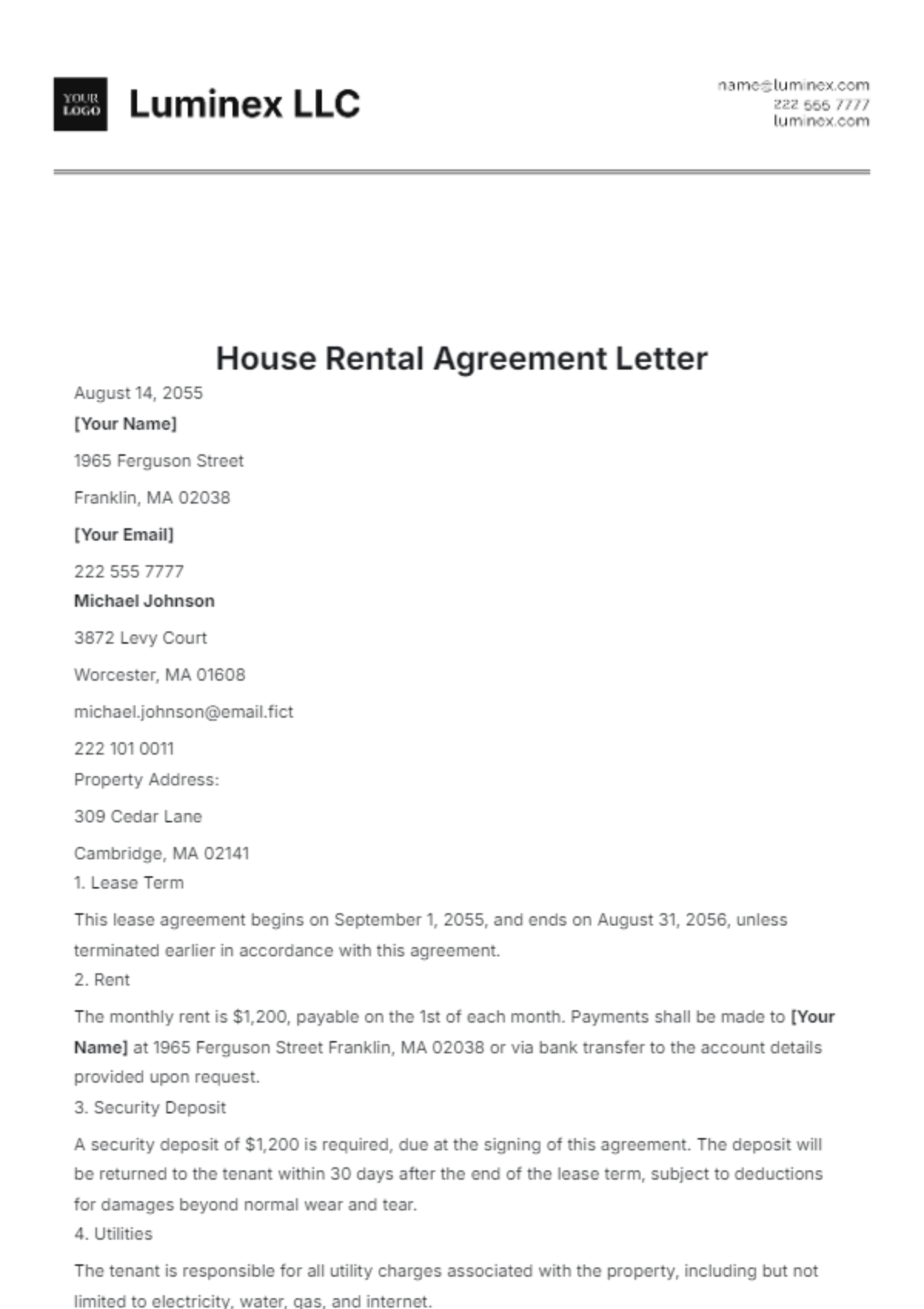 House Rental Agreement Letter Template