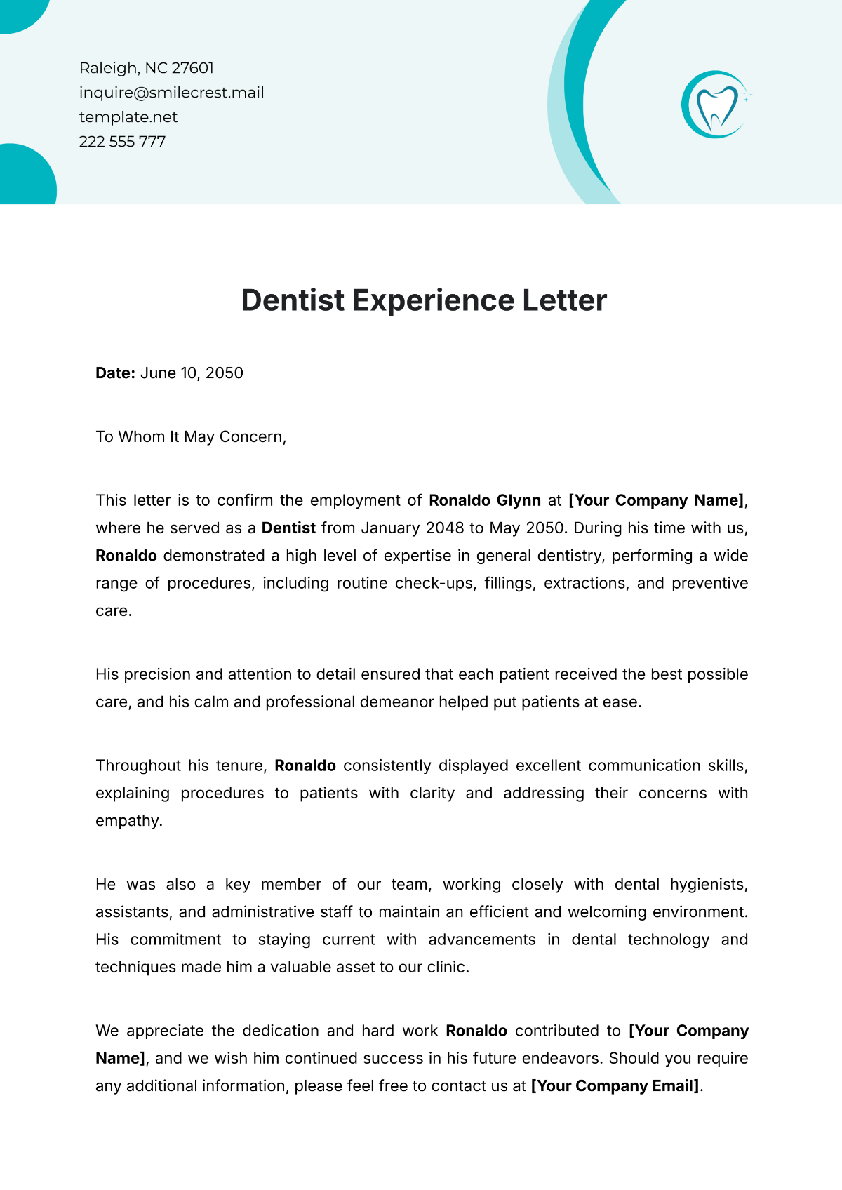 Dentist Experience Letter Template - Edit Online & Download