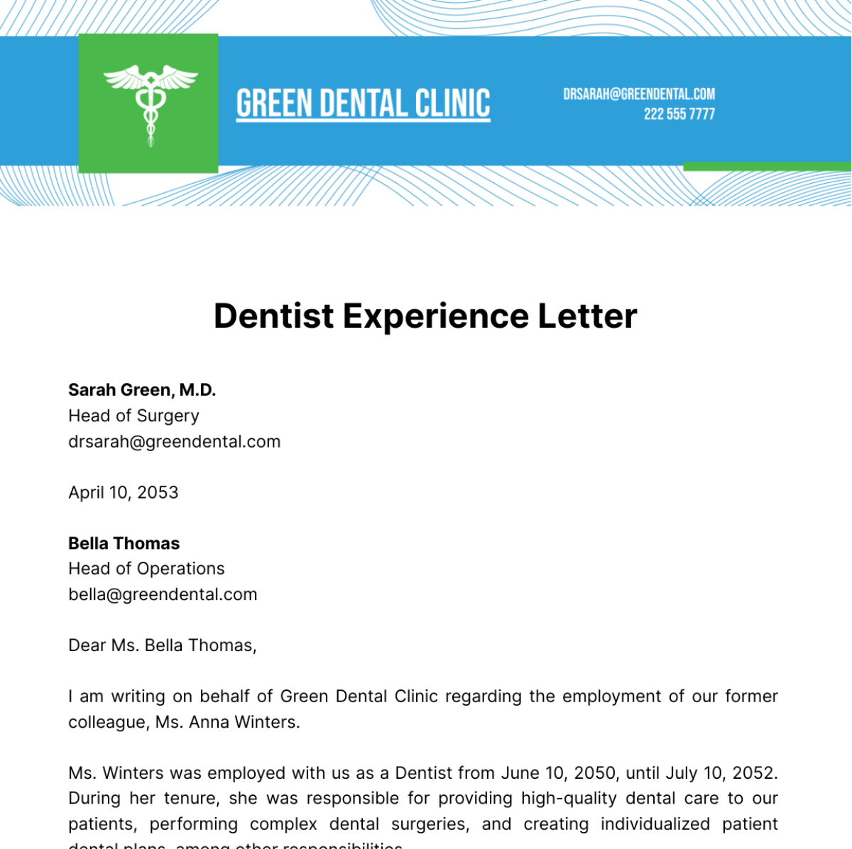 Dentist Experience Letter   Template