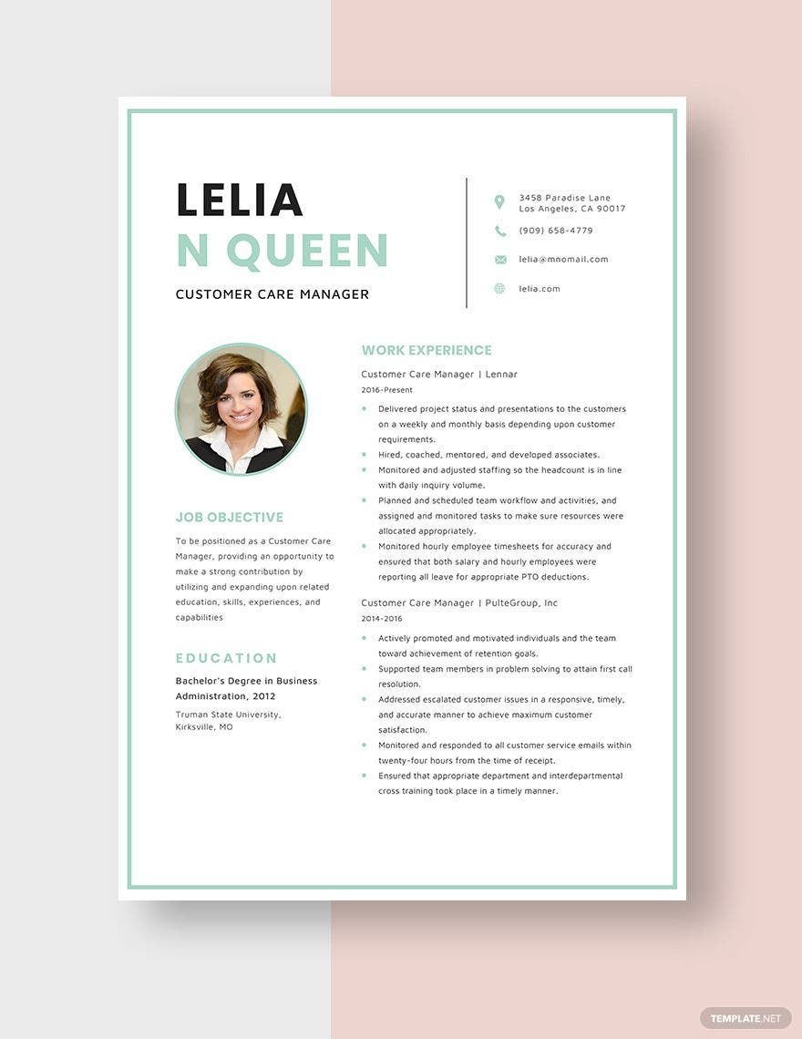 Customer Care Manager Resume in Word, Apple Pages