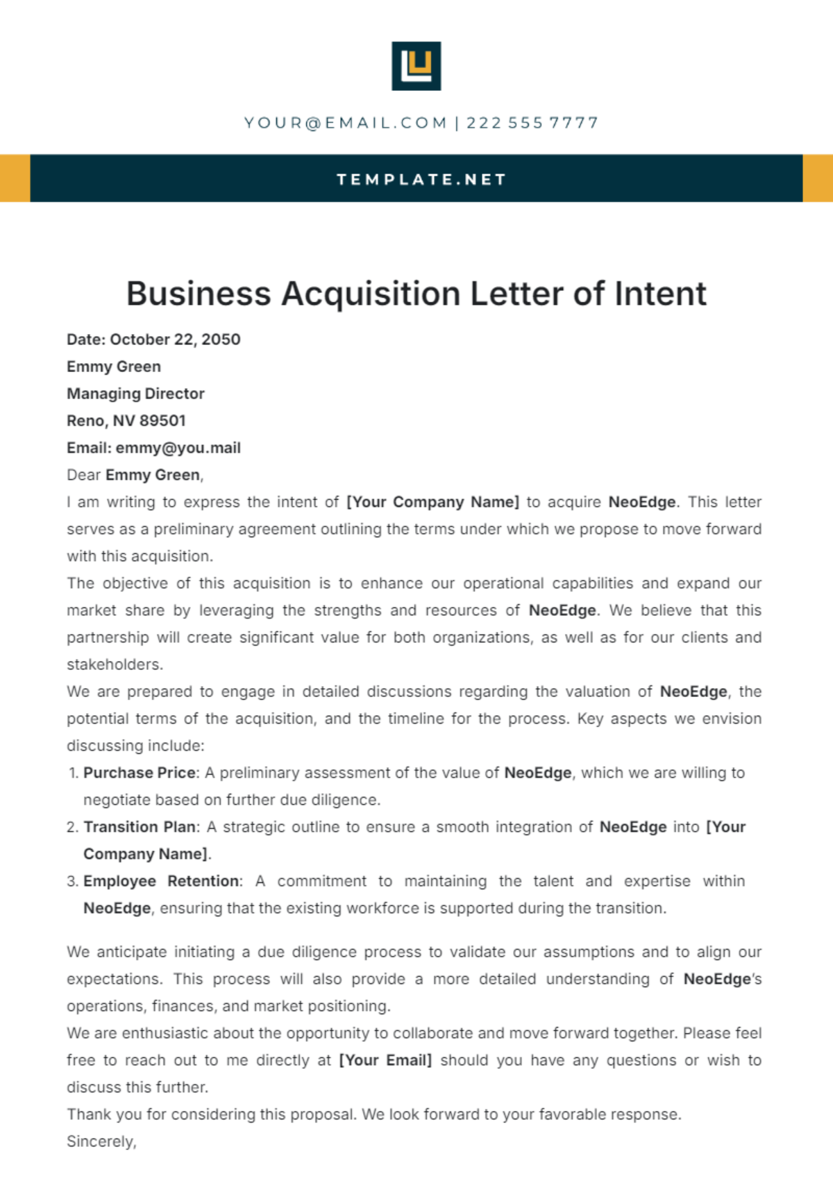 Business Acquisition Letter of Intent Template