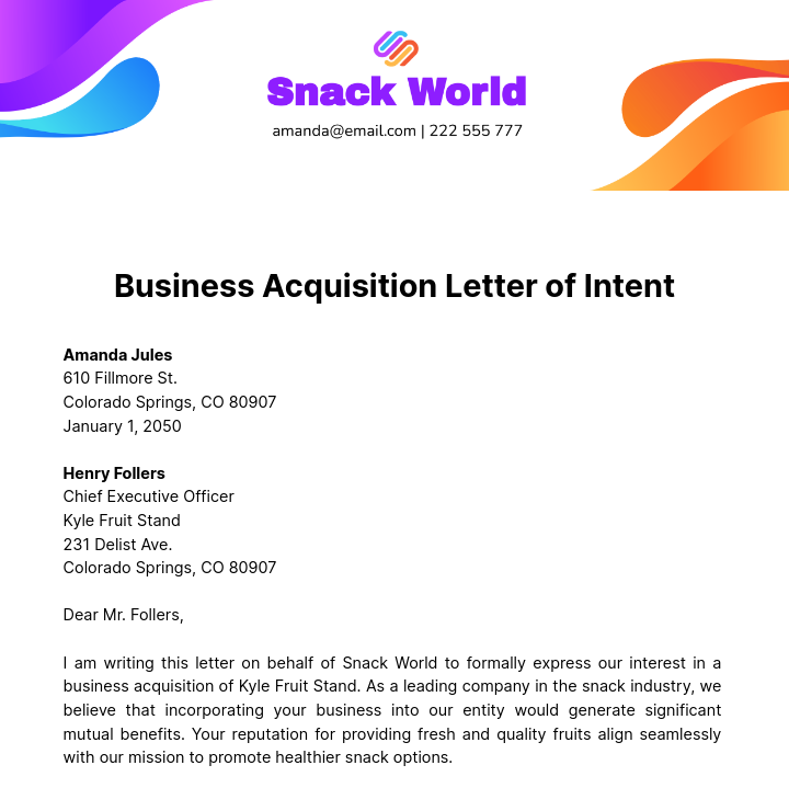 Free Business Acquisiton Letter of Intent Template