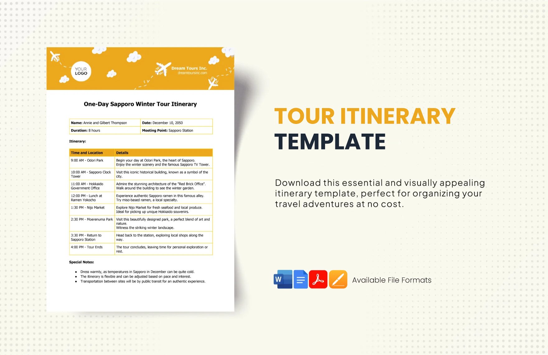 Free Tour Itinerary Template in Word, Google Docs, PDF, Apple Pages