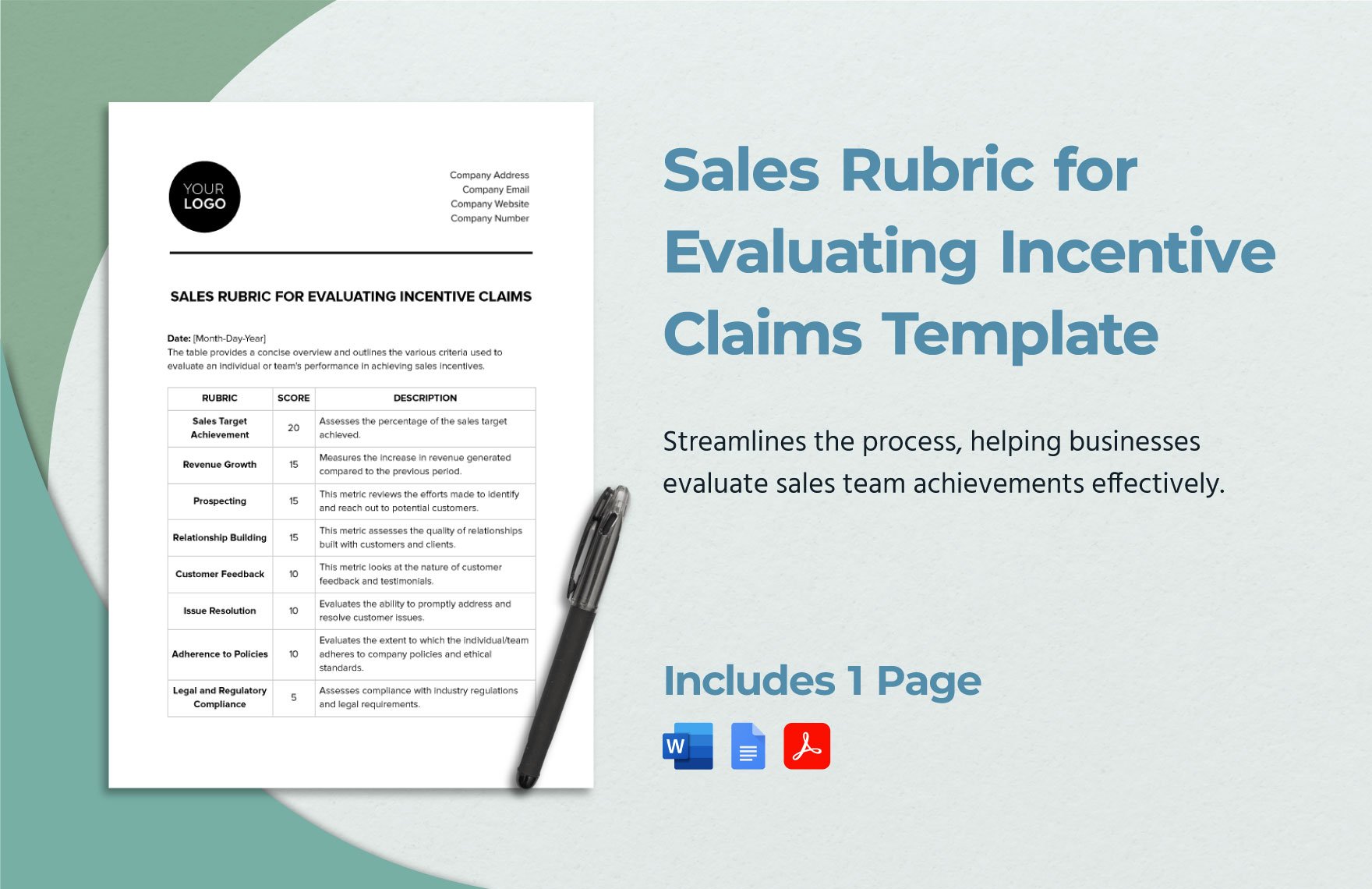 Sales Rubric for Evaluating Incentive Claims Template in Word, Google Docs, PDF