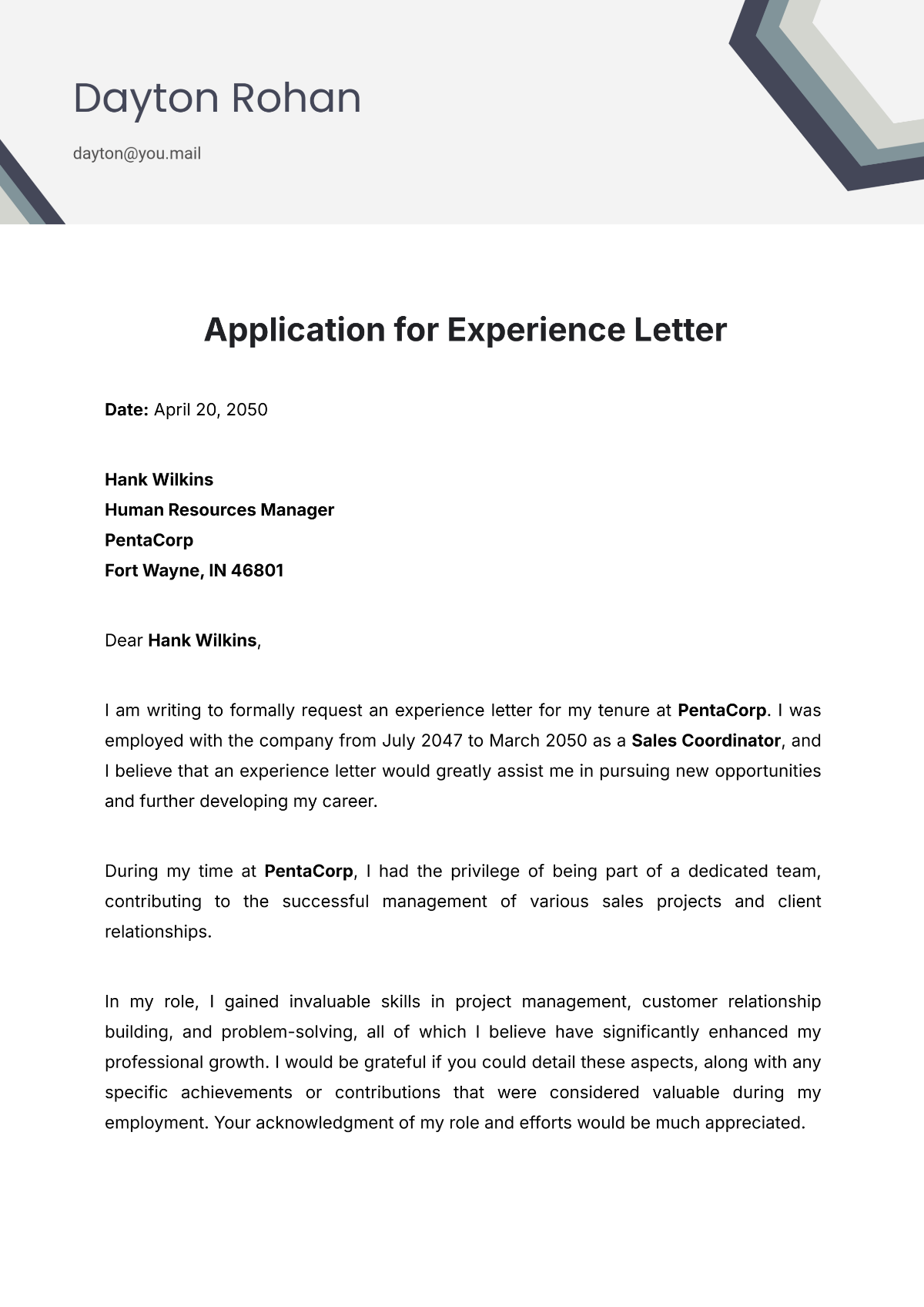 Application for Experience Letter Template - Edit Online & Download