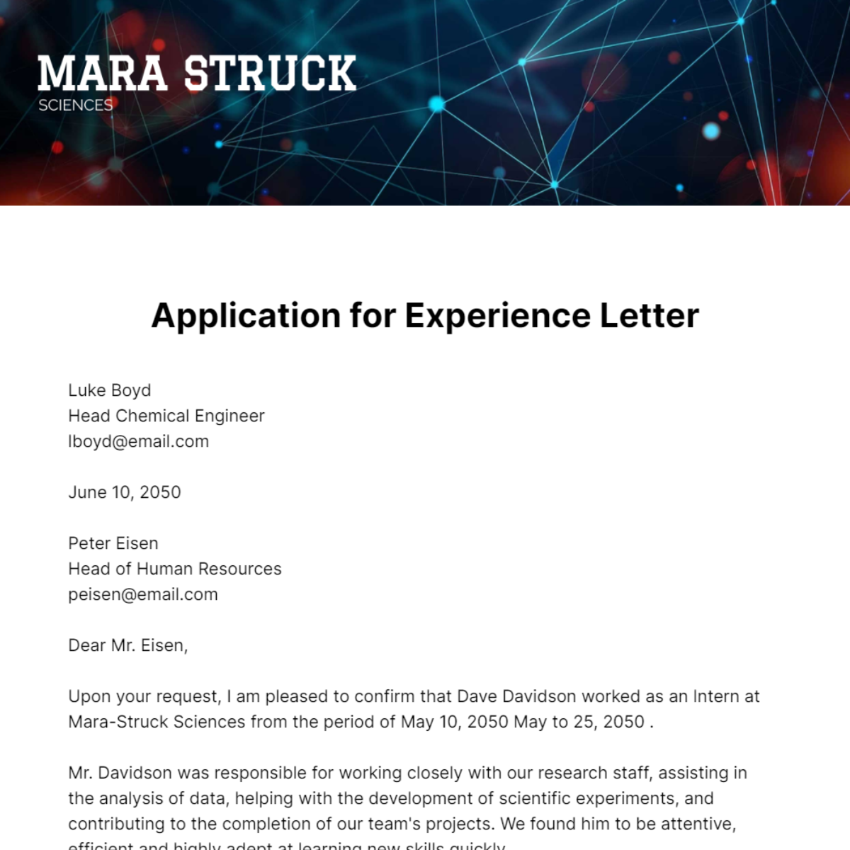 Free Application for Experience Letter   Template