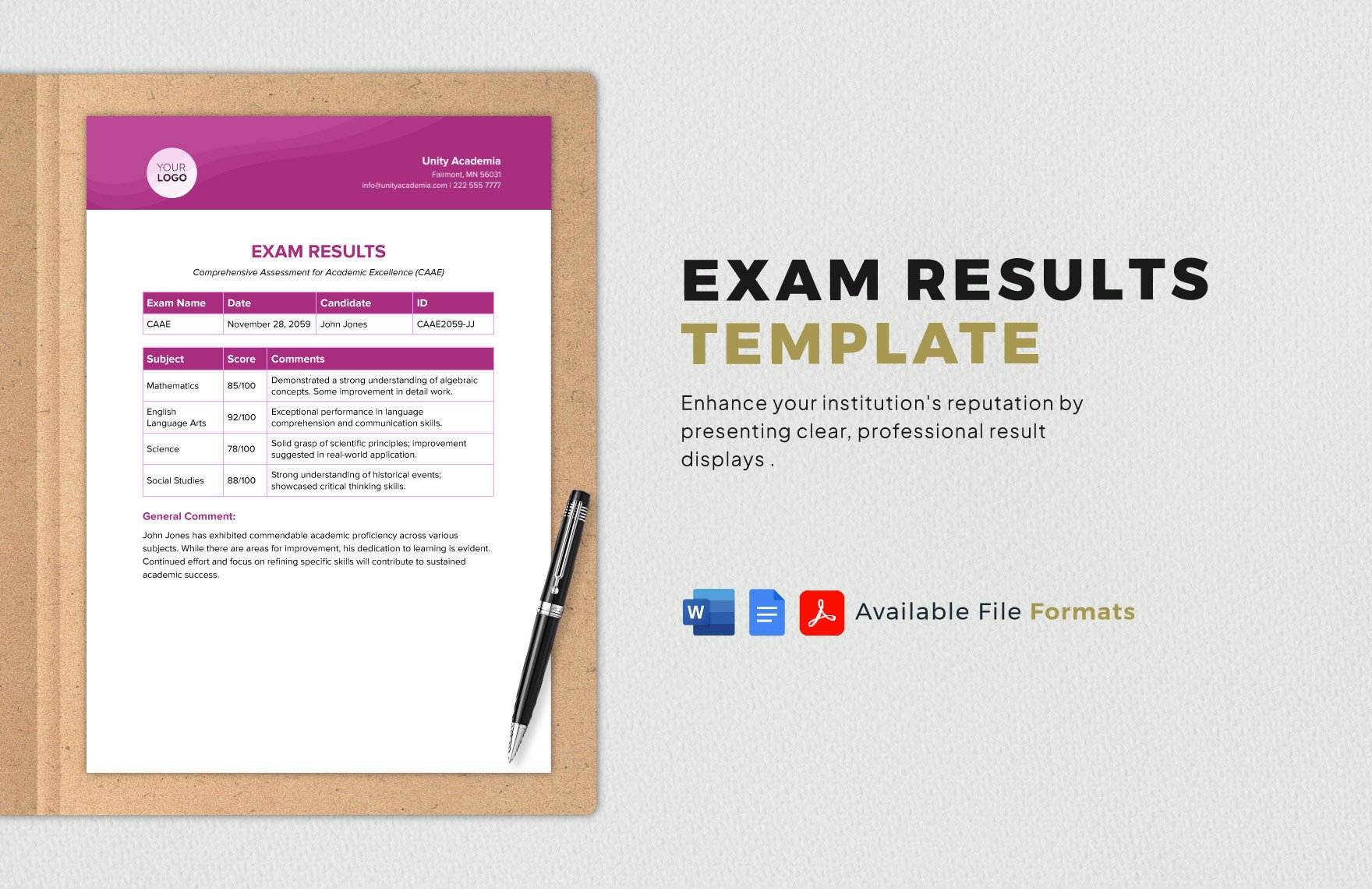 Exam Results Template in Word, Google Docs, PDF
