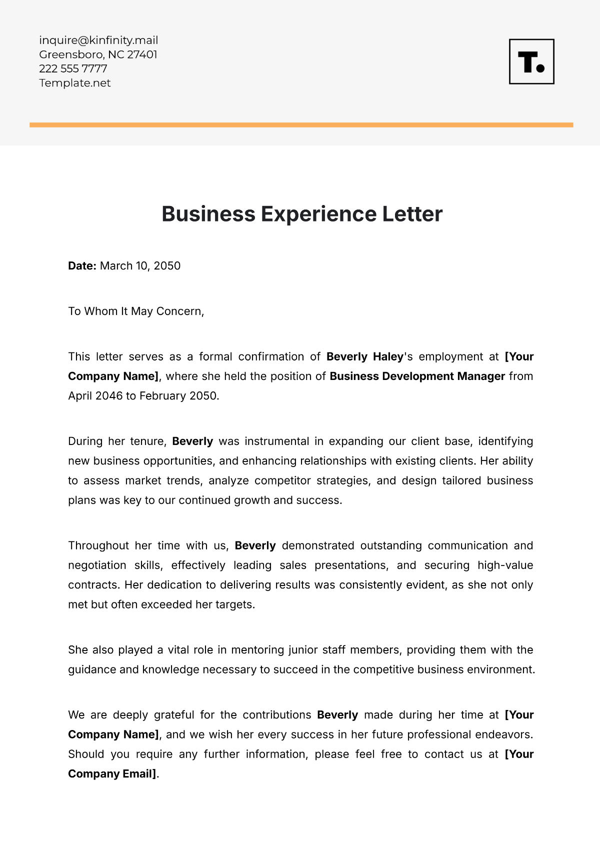 Business Experience Letter Template - Edit Online & Download