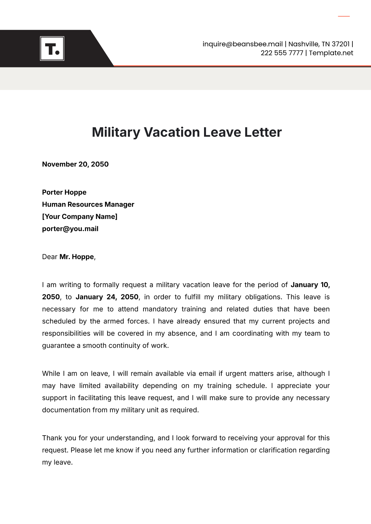 Military Vacation Leave Letter Template - Edit Online & Download