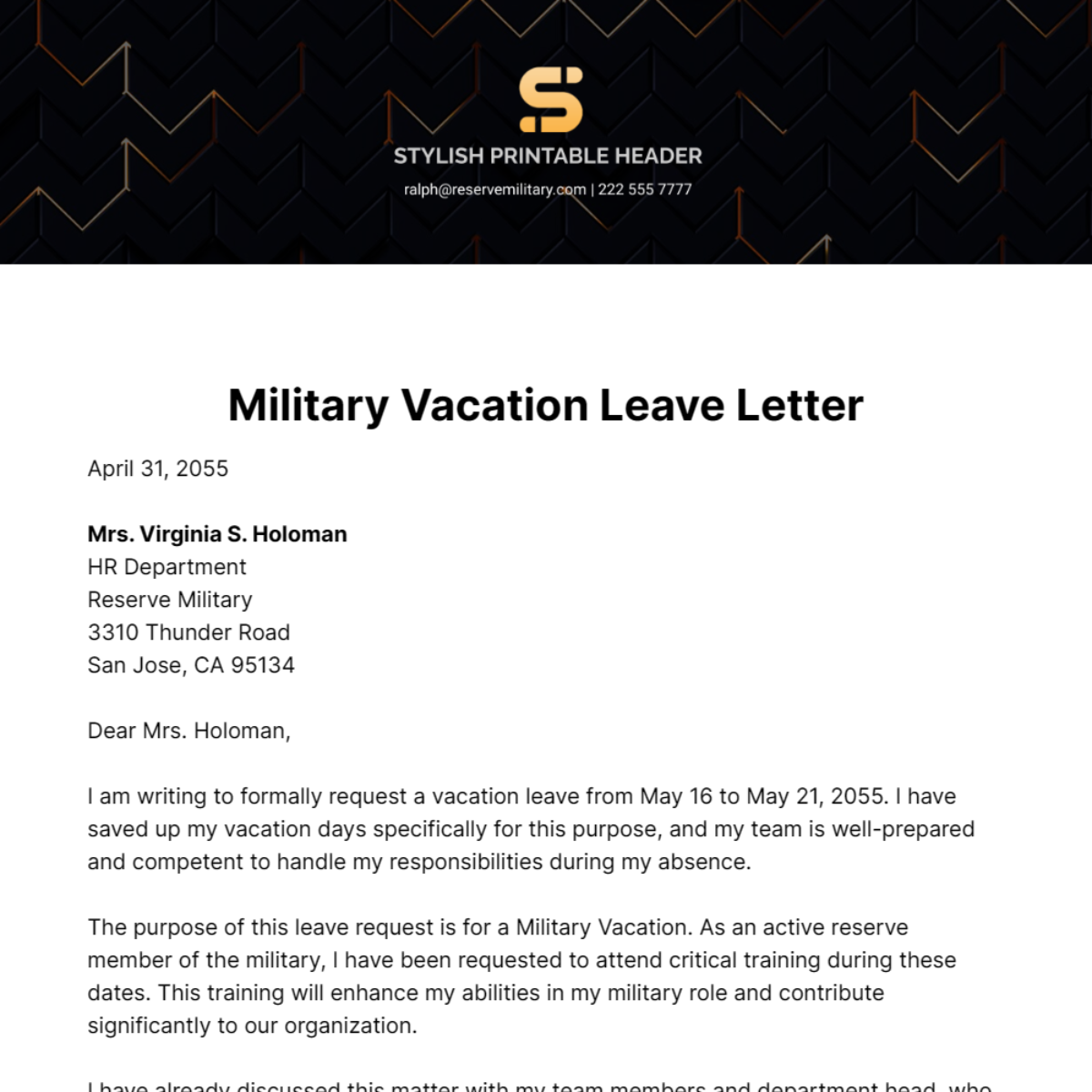 Military Vacation Leave Letter Template