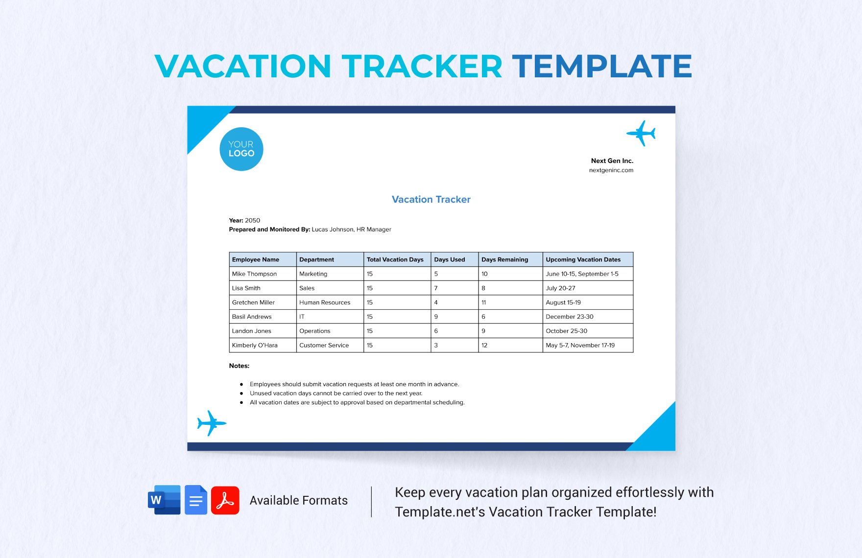 Free Vacation Tracker Template in Word, Google Docs, PDF