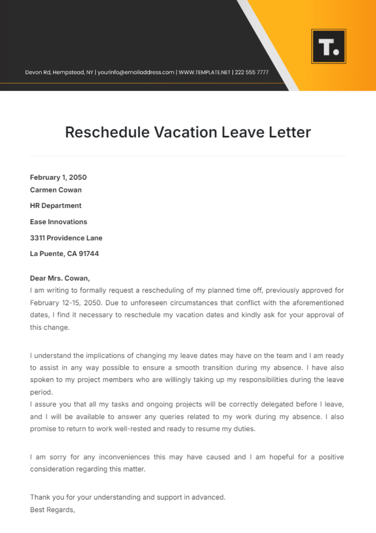 Reschedule Vacation Leave Letter Template - Edit Online & Download