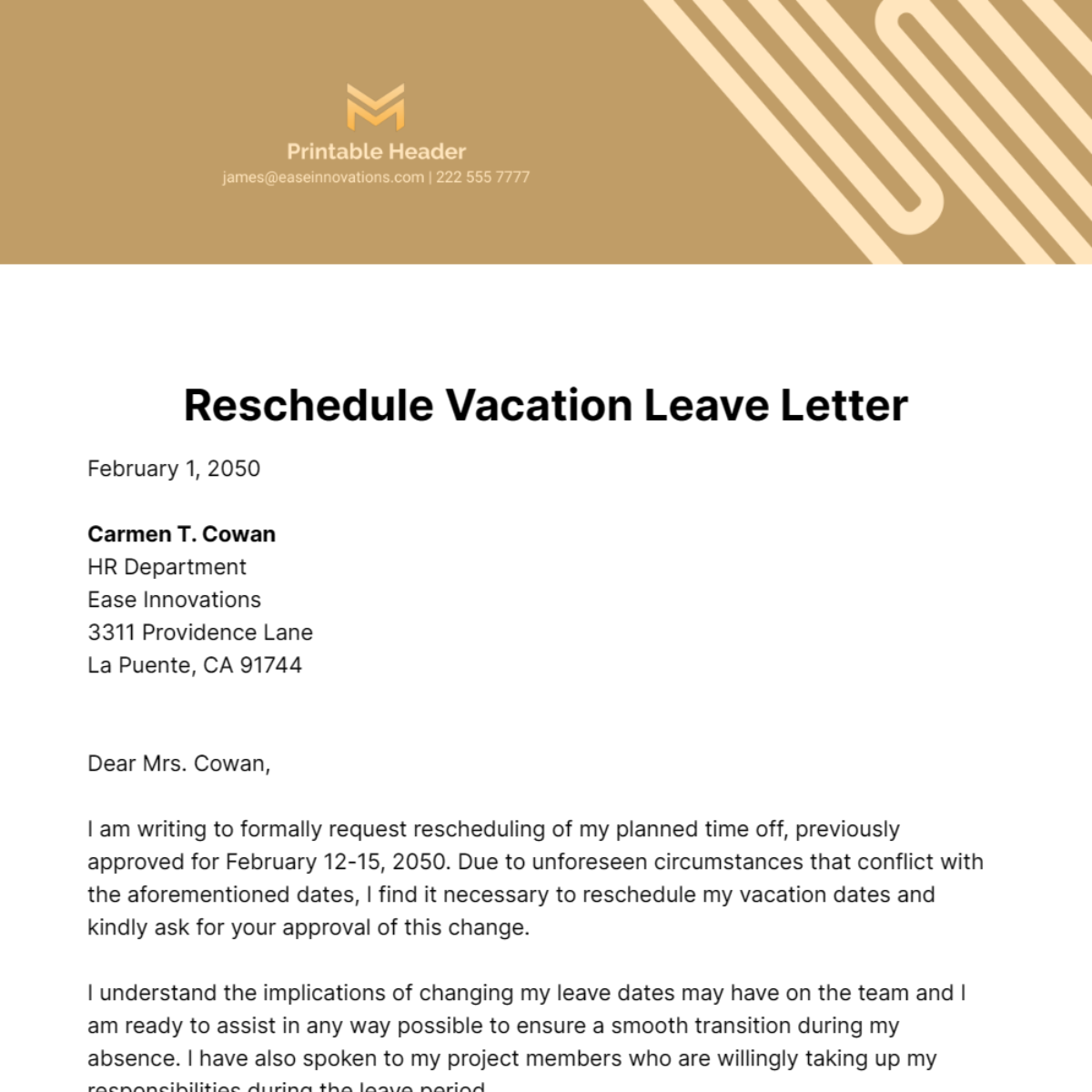 Reschedule Vacation Leave Letter Template