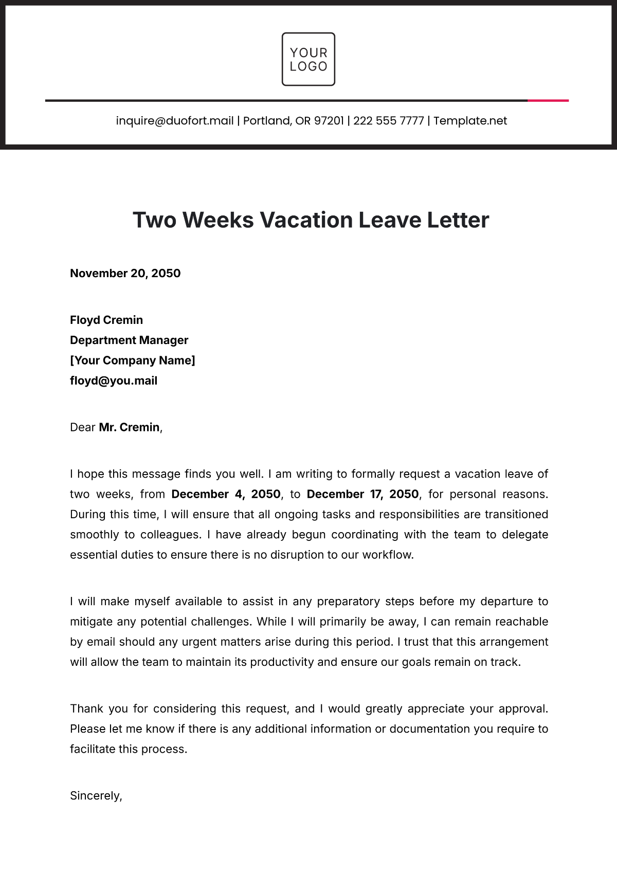 Two Weeks Vacation Leave Letter Template - Edit Online & Download