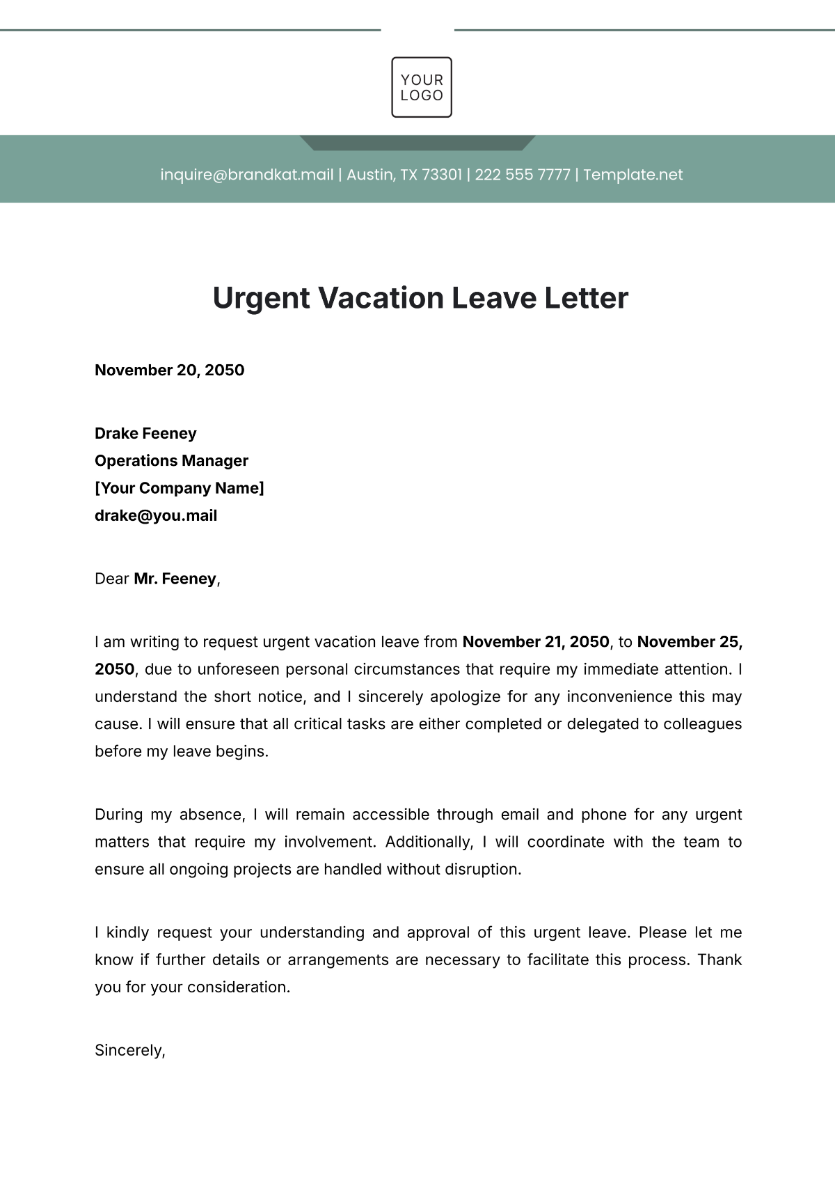 Urgent Vacation Leave Letter Template - Edit Online & Download