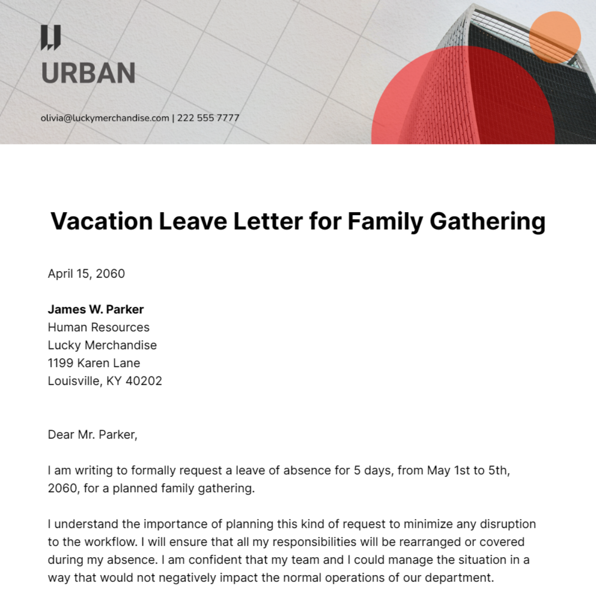 Vacation Leave Letter for Family Gathering Template