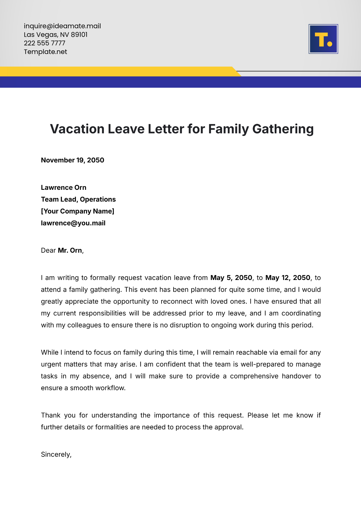 Vacation Leave Letter for Family Gathering Template - Edit Online & Download